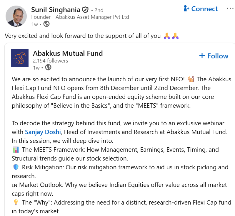 Sunil Singhania's Flexi Cap Fund post on LinkedIn