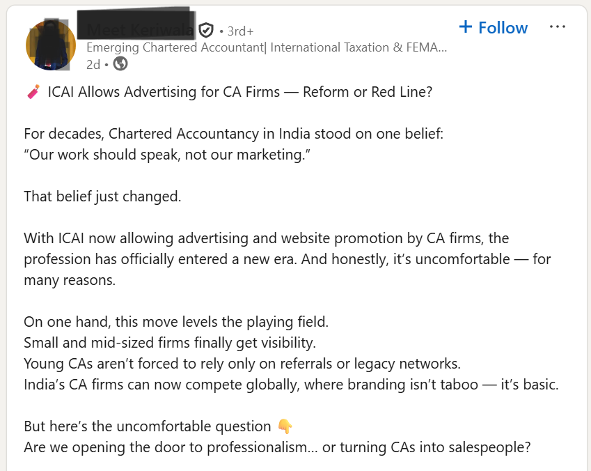 LinkedIn post on ICAI's advertisement rules