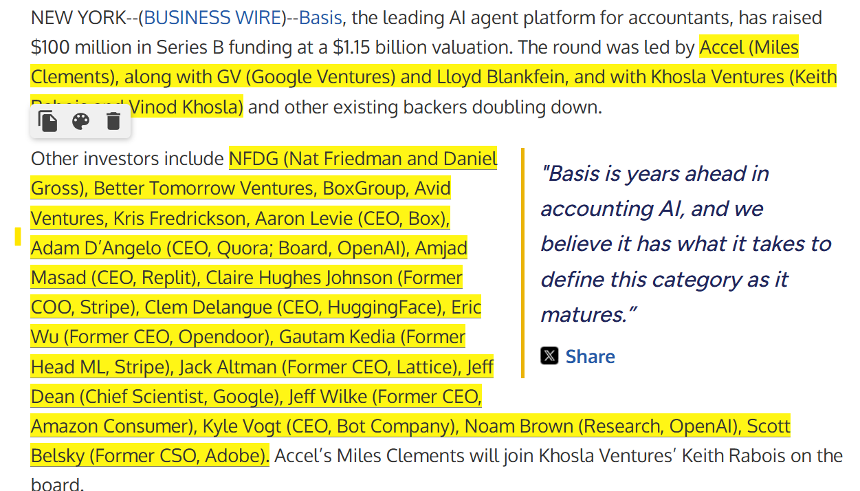 Basis AI Accounting startup investors 