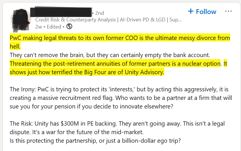 Social Media reaction on PwC sending legal threats to ex-partners joining Unity Advisory